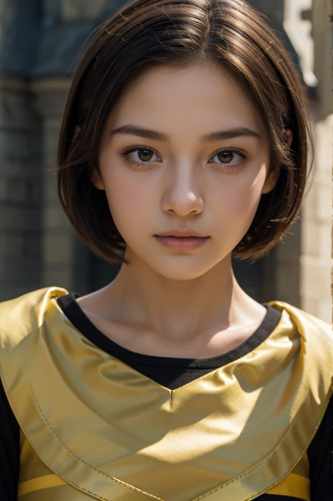 best quality, 8k, very delicate and beautiful, highly detailed face and skin texture, shiny skin, high resolution, cute short hair teenage girl wearing black hogwarts uniform and yellow stripes stand in front of castle, hufflepuff, sharp focus
