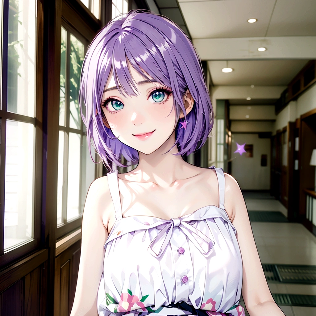 Green Eyes、Toothy smile、Anime girl with purple hair and white top standing in a hallway, Realistic Anime 3D Style, Cute realistic portrait, My Dress Up Darling Anime, Semi-realistic anime, Semi-realistic anime style, Anime-style 3D, Realistic young anime girl, Smooth anime CG art, 3D Anime Real, Semi-realistic anime, Stylized anime, Cute Anime Girl