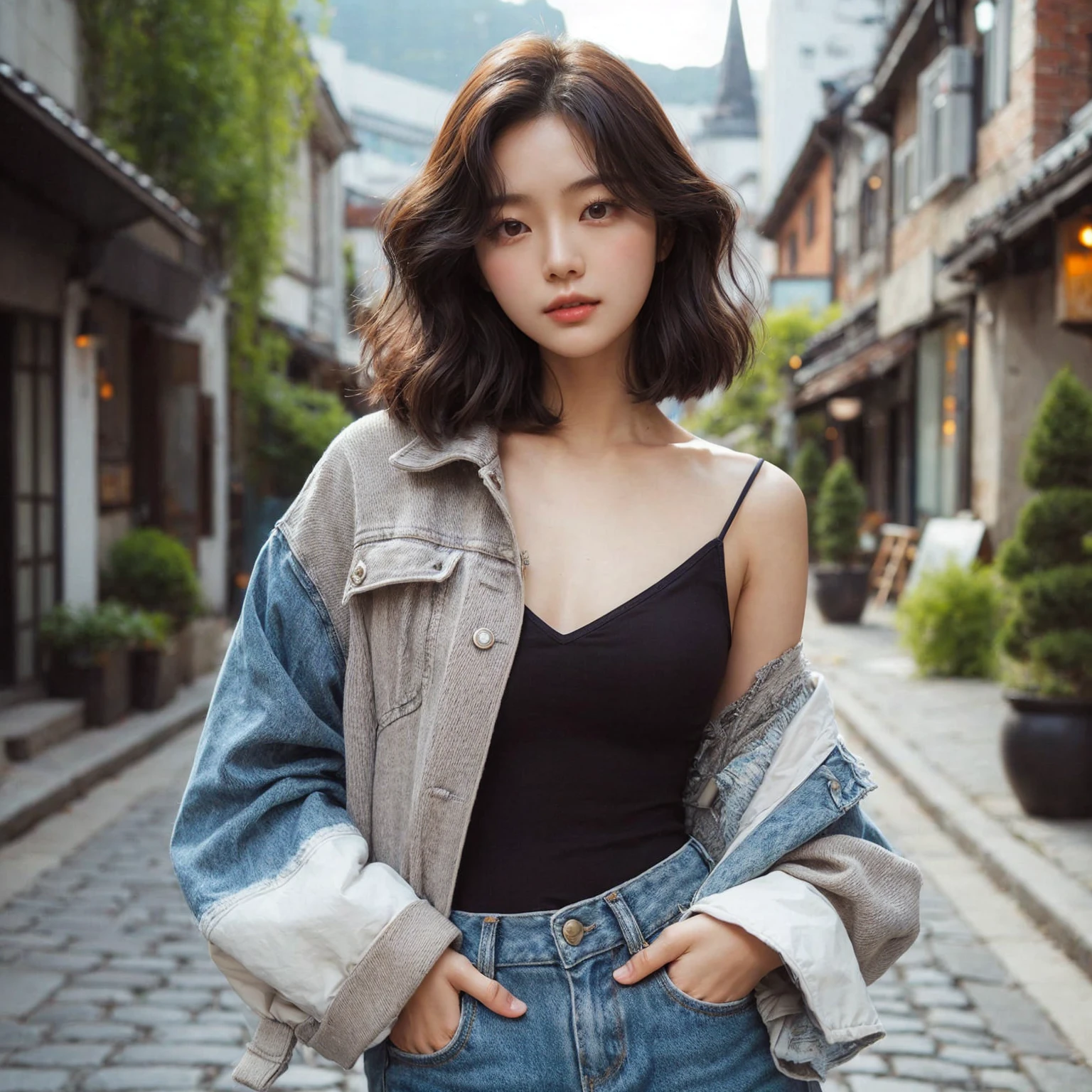 Beautiful young Korean female walking confidently down a cobblestone street in casual, stylish outfits with jackets, shirts, and jeans, medium chest. The backdrop is a vintage urban setting with buildings and greenery, blending modern style with a cool urban vibe.