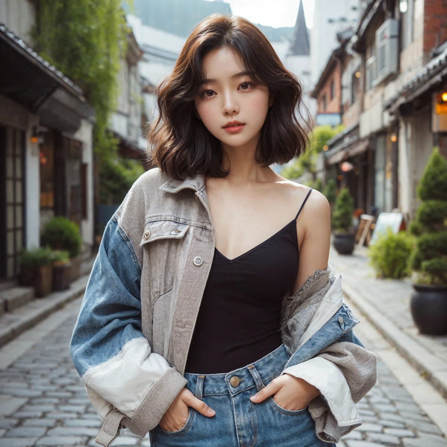 Beautiful young Korean female walking confidently down a cobblestone street in casual, stylish outfits with jackets, shirts, and jeans, medium chest. The backdrop is a vintage urban setting with buildings and greenery, blending modern style with a cool urban vibe.