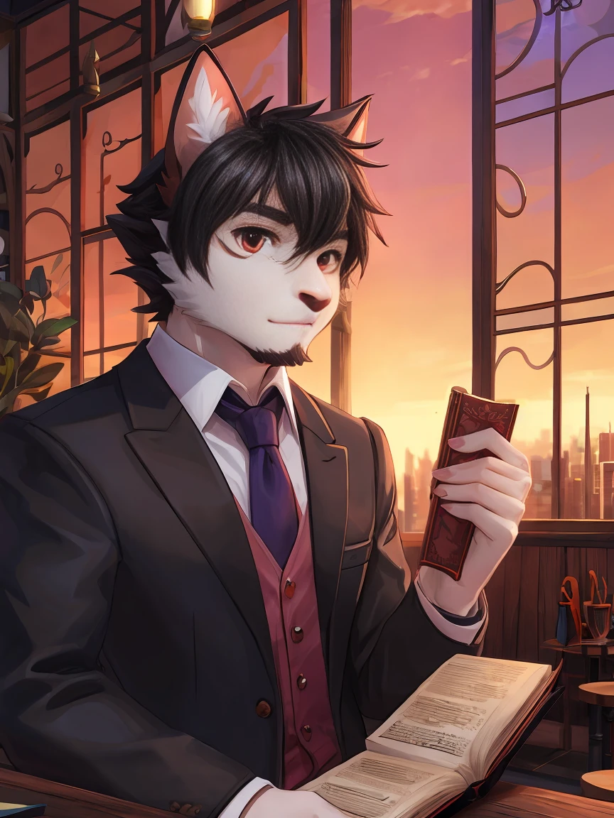 White Cat Boy,Black hair,Red eyes,White hairy hands,Black suit,Dark and thick eyebrows,Red tie,Cafe,City sunset,Holding a magic book in hand