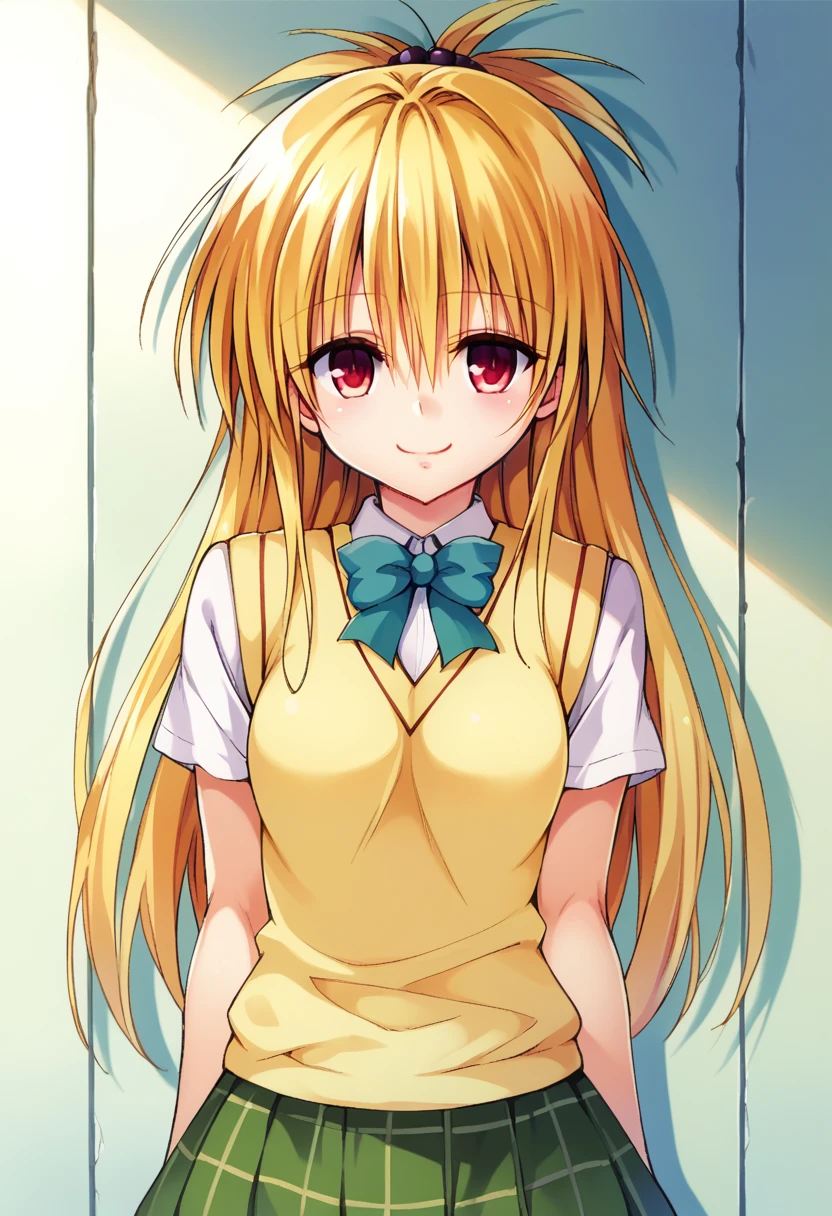 Kentaro Yabuki, love〜fart, ore_9, score_8_superior, score_7_superior BREAK 
konjiki no yami, Red eyes, Blonde, Hair Intake, Long Hair, Hair Pod, , skirt, Sweater vest, View your viewers, A light smile, Portraiture, skirt lift show off panties座りながら