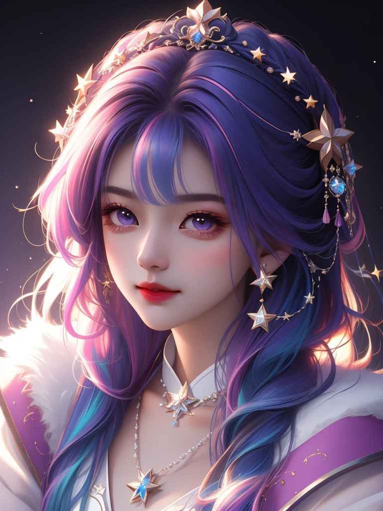 best quality, masterpiece, high resolution, 1 Girl,flirtatious，Colored hair，(Charming smile:0.8),Star-shaped pupil,china hanfu,Hair accessories,necklace, Jewelry,Pretty Face,Above_Body, Tyndall effect,Reality, Dark Studio, Rim Light, Two-tone lighting,(High Detail Skin:1.2), 8K uhd, Digital SLR Camera, Soft lighting, high quality, Volumetric Lighting, frank, photo, high resolution, 4K, 8K, Bokeh