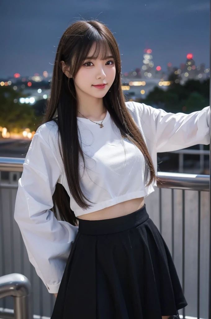 (masterpiece:1.3), (best quality:1.1), (8k, ultra detailed, ultra high res:1.2), ((anime style)), perfect 5 fingers, perfect anatomy, on right, 
1girl, BREAK A-line skirt,black skirt, ((lace tops)), 
BREAK long hair, wavy hair, black hair, 
(small breasts:0.9), smile, BREAK looking away, 
cowboy shot, standing, leaning back, 
(detailed background:1.2), outdoor, outside, ((Night city view:1.3)), skyline, 