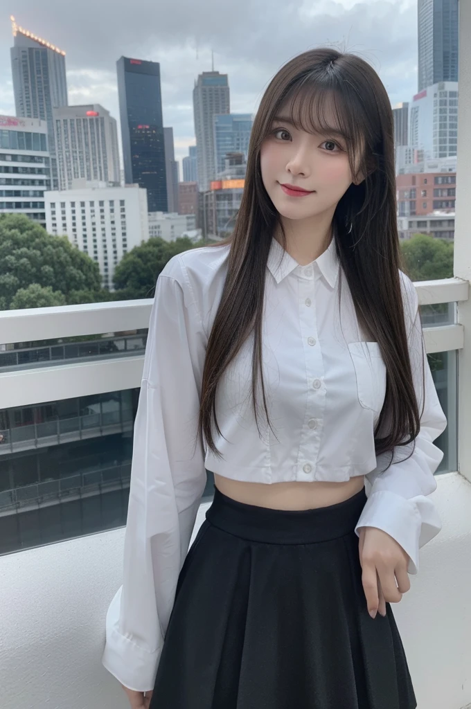 (masterpiece:1.3), (best quality:1.1), (8k, ultra detailed, ultra high res:1.2), ((anime style)), perfect 5 fingers, perfect anatomy, on right, 
1girl, BREAK A-line skirt,black skirt, ((lace tops)), 
BREAK long hair, wavy hair, black hair, 
(small breasts:0.9), smile, BREAK looking away, 
cowboy shot, standing, leaning back, 
(detailed background:1.2), outdoor, outside, ((Night city view:1.3)), skyline, 