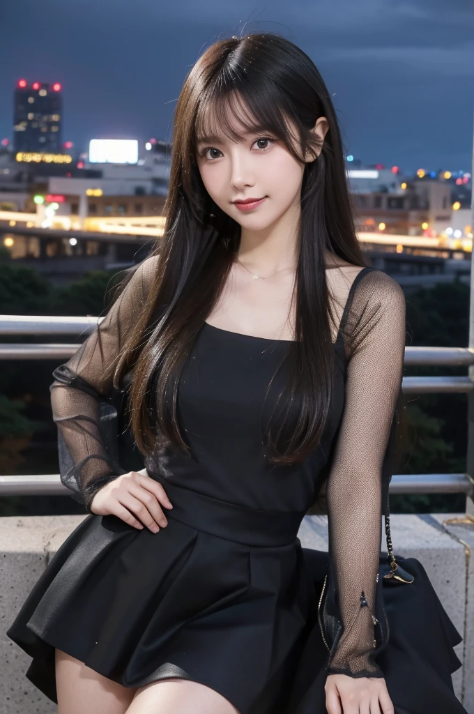 (masterpiece:1.3), (best quality:1.1), (8k, ultra detailed, ultra high res:1.2), ((anime style)), perfect 5 fingers, perfect anatomy, on right,
1girl, BREAK A-line skirt,black skirt, ((lace tops)),
BREAK long hair, wavy hair, black hair,
(small breasts:0.9), smile, BREAK looking away,
cowboy shot, standing, leaning back,
(detailed background:1.2), outdoor, outside, ((Night city view:1.3)), skyline,
