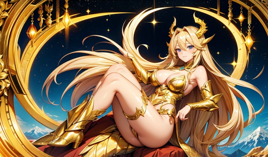 long blonde hair, goddess，cleavage，golden dragon horn,The body has golden dragon scales,golden dragon tail，thigh,thong,mountain cliff