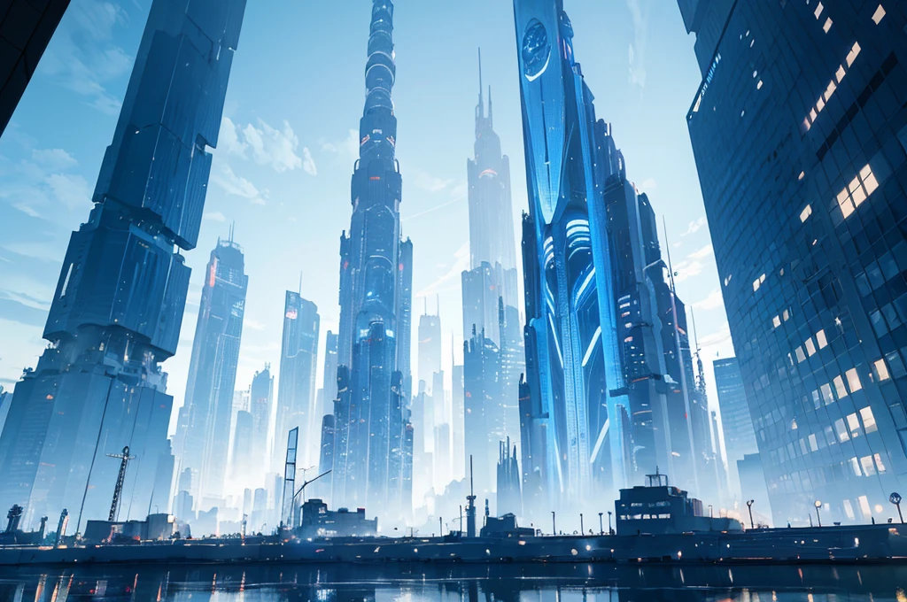 futuristic city, skyscraper, blue theme, blue light, HDR, 4k resolution, blue light, high contrast