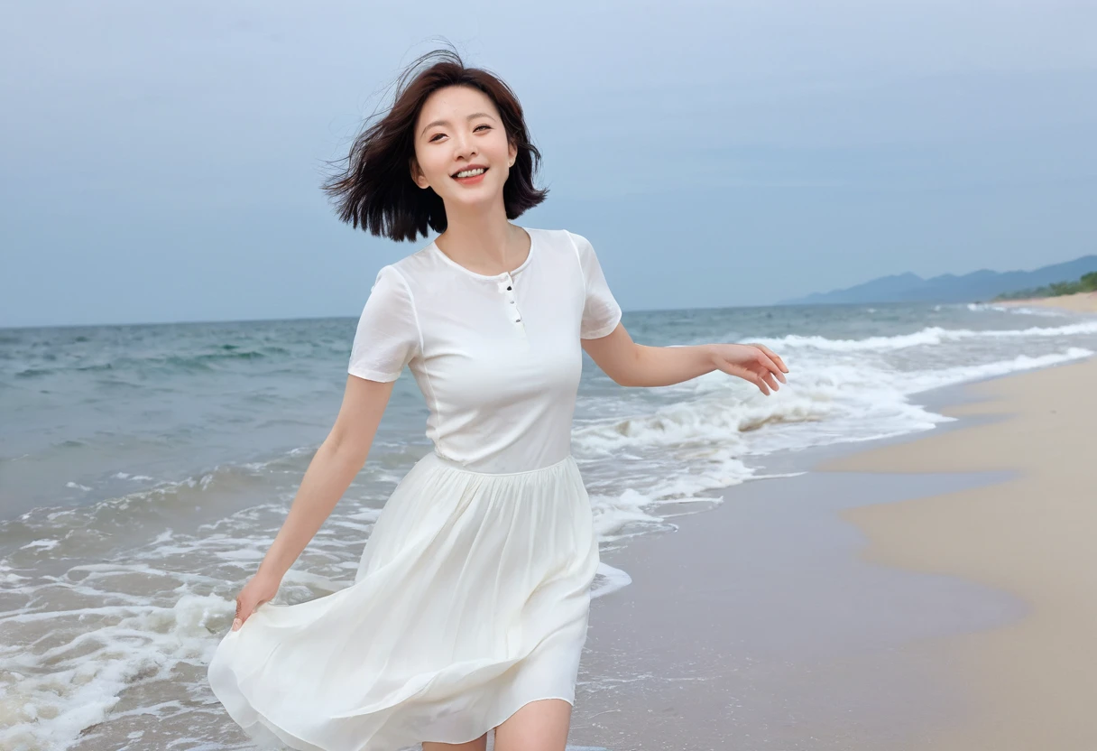 blue, Beach with white waves, Clear picture quality, Beautiful 36-year-old short Korean woman, Chest size 34 inches, Wear white short sleeves and sleeveless tops, lightweight mid length skirt. beautiful pretty woman look , wearing a light skirt , Dipping my toes in the waves crashing in the distance. Short medium hair blowing in the wind, 1 woman, beautiful eyes, Smiling, Full-body photo taken from afar with a wide-angle lens, The background is clean and perfect., Waves are coming on the white sand beach, short woman