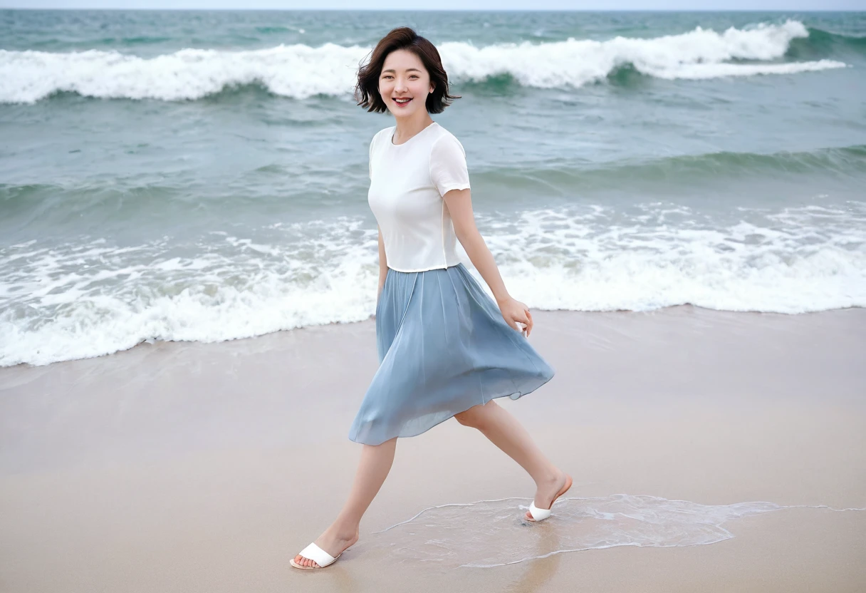 blue, Beach with white waves, Clear picture quality, Beautiful 36-year-old short Korean woman, Chest size 34 inches, Wear white short sleeves and sleeveless tops, lightweight mid length skirt. beautiful pretty woman look , wearing a light skirt , Dipping my toes in the waves crashing in the distance. Short medium hair blowing in the wind, 1 woman, beautiful eyes, Smiling, Full-body photo taken from afar with a wide-angle lens, The background is clean and perfect., Waves are coming on the white sand beach, short woman