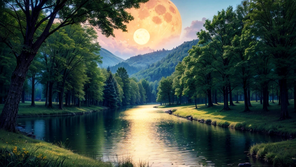 a painting of a full moon over a lake with trees, detailed painting 4 k, highly detailed 4 k painting, 4k hd matte digital painting, beautiful oil matte painting, 8 k resolution digital painting, 8k resolution digital painting, detailed 4 k painting, 8 k hd detailed oil painting, highly detailed 4 k art, 4k digital painting, 4 k digital painting