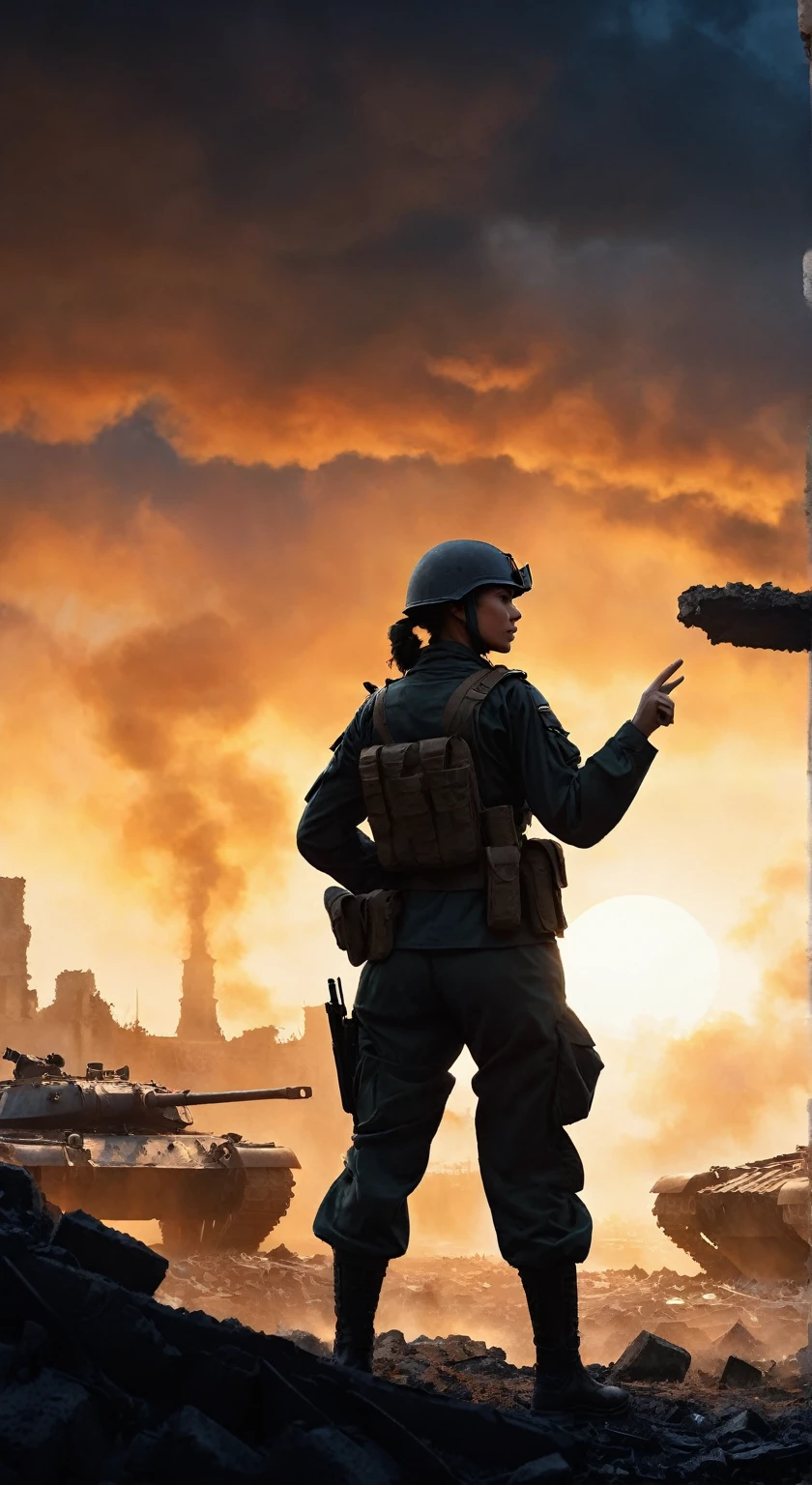 (A female soldier raised her hand to touch something,Background is the ruins of the city,Under the sunset:1.5)painting masterpiece, Extremely detailed, Black White Dark Steel Dark Blue Black Light Brown Dark Brown White Light Orange Dark Red Dark Green, Dramatic Lighting, evening, High contrast, steam, FOG, Israeli soldiers fighting with tanks on the battlefield, Movie Lighting, Aspect ratio of 16:9, steam, 4K, professional ominous Concept Art, author:artgerm and greg rutkowski, complex, elegant, Highly detailed digital painting, Concept Art, Smooth, Clear focus, illustration, Simon Starenhagen's style, Wayne Barlow, 和 igor kieryluk., Acrylic painting, Popular in pixiv Fan Box, Palette knife and brush strokes, Makoto Shinkai's styleJamie WiseJames GirardEdward HopperGreg RutkowskiStudio GhibliGenshin Impact