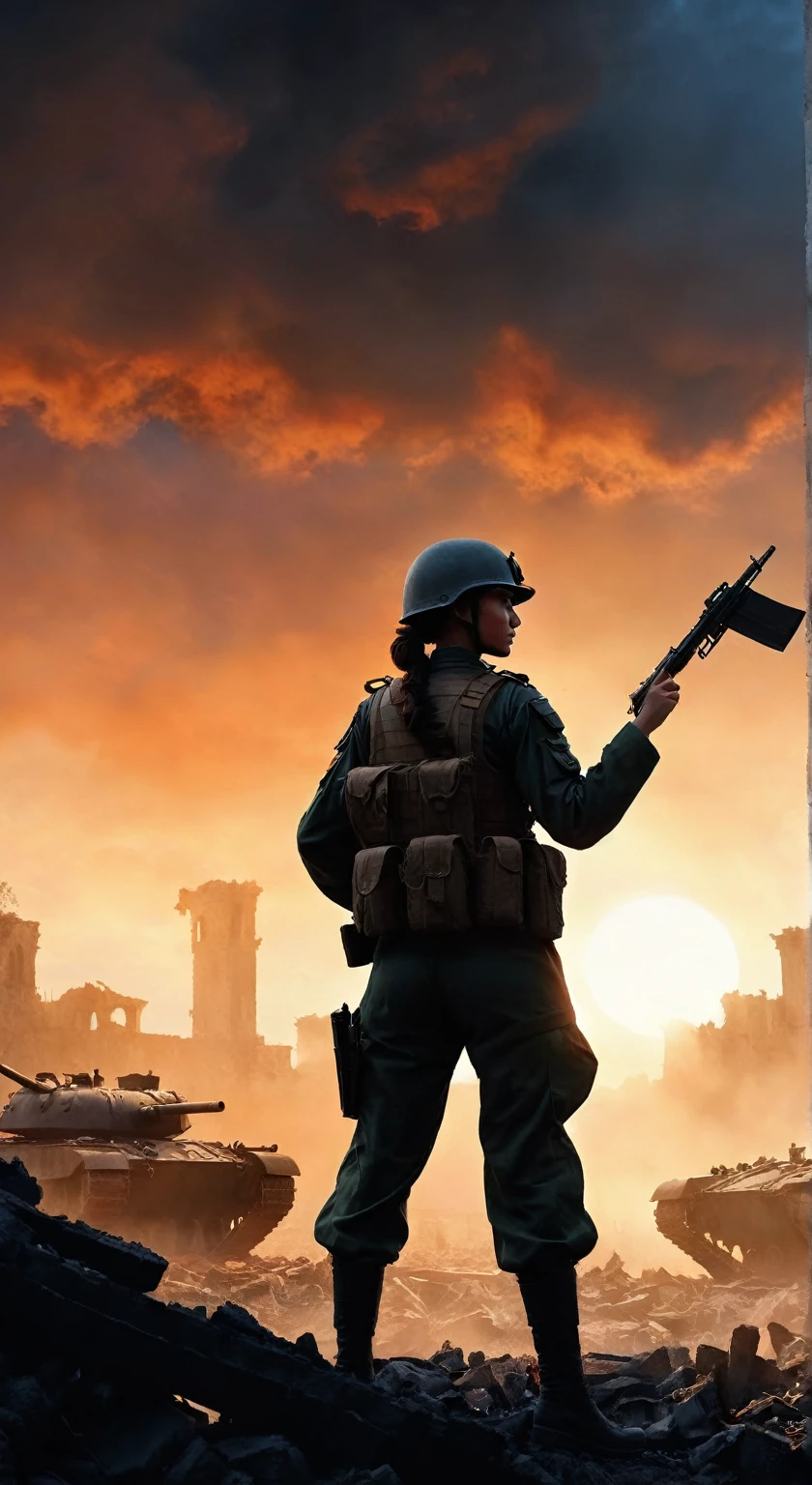 （A female soldier raised her hand to touch something，Background is the ruins of the city，Under the sunset：1.5）painting masterpiece, Extremely detailed, Black White Dark Steel Dark Blue Black Light Brown Dark Brown White Light Orange Dark Red Dark Green, Dramatic Lighting, evening, High contrast, steam, FOG, Israeli soldiers fighting with tanks on the battlefield, Movie Lighting, Aspect ratio of 16:9, steam, 4K, professional ominous Concept Art, author：artgerm and greg rutkowski, complex, elegant, Highly detailed digital painting, Concept Art, Smooth, Clear focus, illustration, Simon Starenhagen&#39;s style, Wayne Barlow, 和 igor kieryluk., Acrylic painting, Popular in pixiv Fan Box, Palette knife and brush strokes, Makoto Shinkai&#39;s styleJamie WiseJames GirardEdward HopperGreg RutkowskiStudio GhibliGenshin Impact