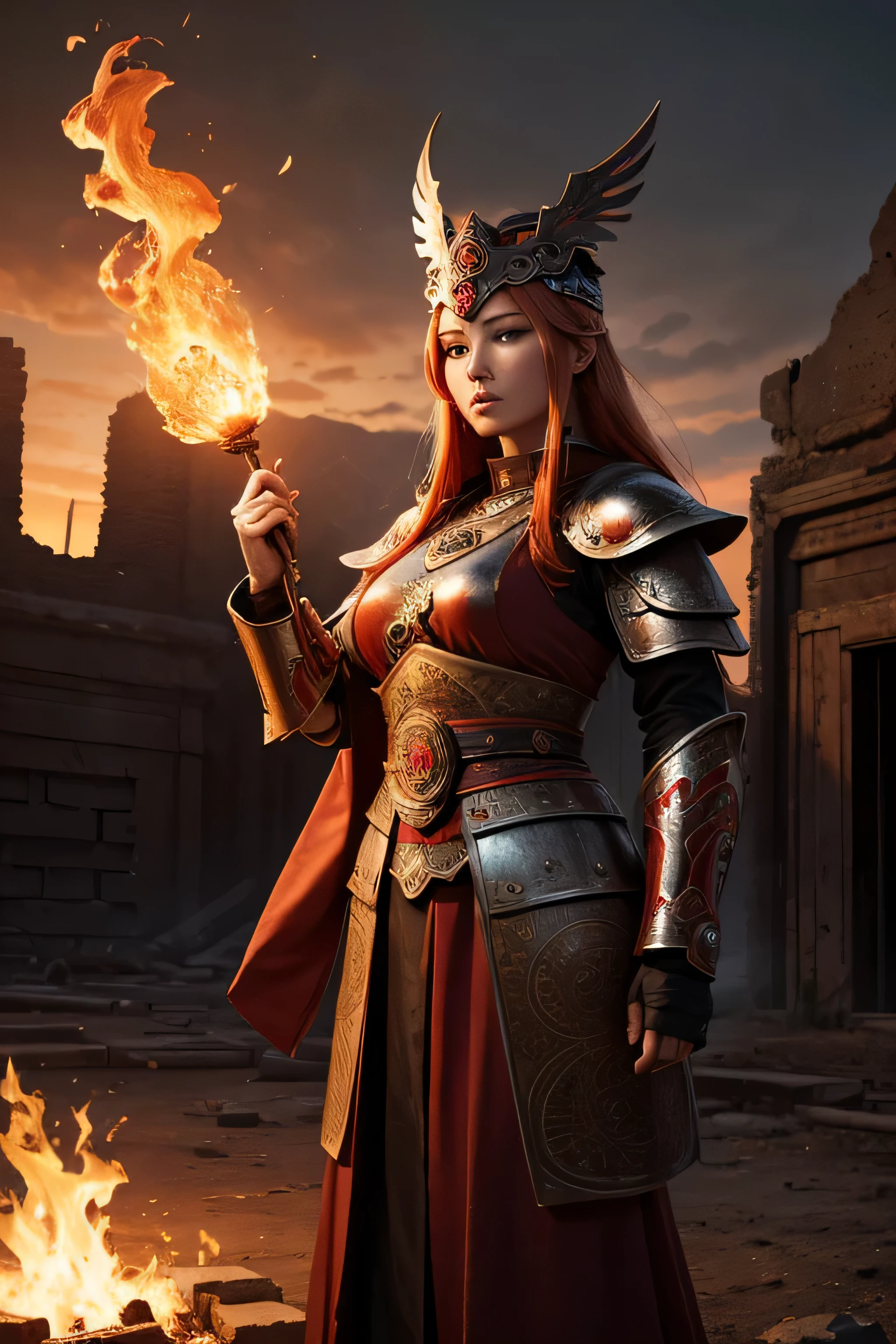 (8K, high definition, high quality, highly detailed) Beautiful Japanese Female Mage. Fire magic. Chanting a spell. Ginger head. Wearing a steel couture armor. mandala headdress. red and black color palette. dusk. desolate ruins on the background. blurred background.