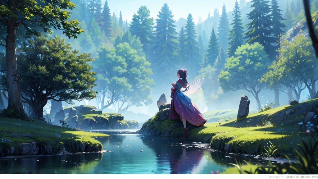 high quality、Create a 3D Pixar-esque fantasy image series to accompany a Celtic-inspired Lofi music video。Each image is、lush scenic landscape、Mysterious Forest、Quiet Lake、Ancient stone circles and more、It should evoke a sense of enchantment and serenity.。The scene has、Gentle creek、Fantastic Light、Including elements such as the appearance of fairy-like creatures.、Enhances the magical atmosphere。