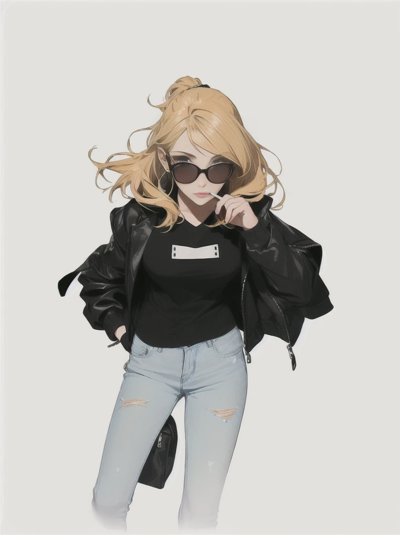 Design a cool girl with glasses, a jacket, and a cigarette. She has a confident and stylish appearance with a modern, urban look. Her glasses are trendy, complementing her sharp features and expressive eyes. She wears a fashionable jacket, either leather or denim, that adds to her edgy vibe. She holds a cigarette in a relaxed, nonchalant manner, adding to her cool demeanor. Her hair is styled in a contemporary fashion. The background features an urban setting with graffiti or cityscape elements, enhancing the modern and stylish atmosphere.