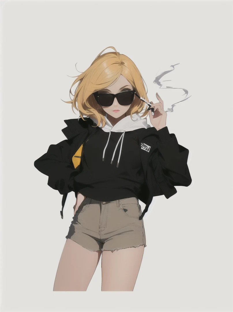 Design a cool girl with glasses, a jacket, and a cigarette. She has a confident and stylish appearance with a modern, urban look. Her glasses are trendy, complementing her sharp features and expressive eyes. She wears a fashionable jacket, either leather or denim, that adds to her edgy vibe. She holds a cigarette in a relaxed, nonchalant manner, adding to her cool demeanor. Her hair is styled in a contemporary fashion. The background features an urban setting with graffiti or cityscape elements, enhancing the modern and stylish atmosphere.
