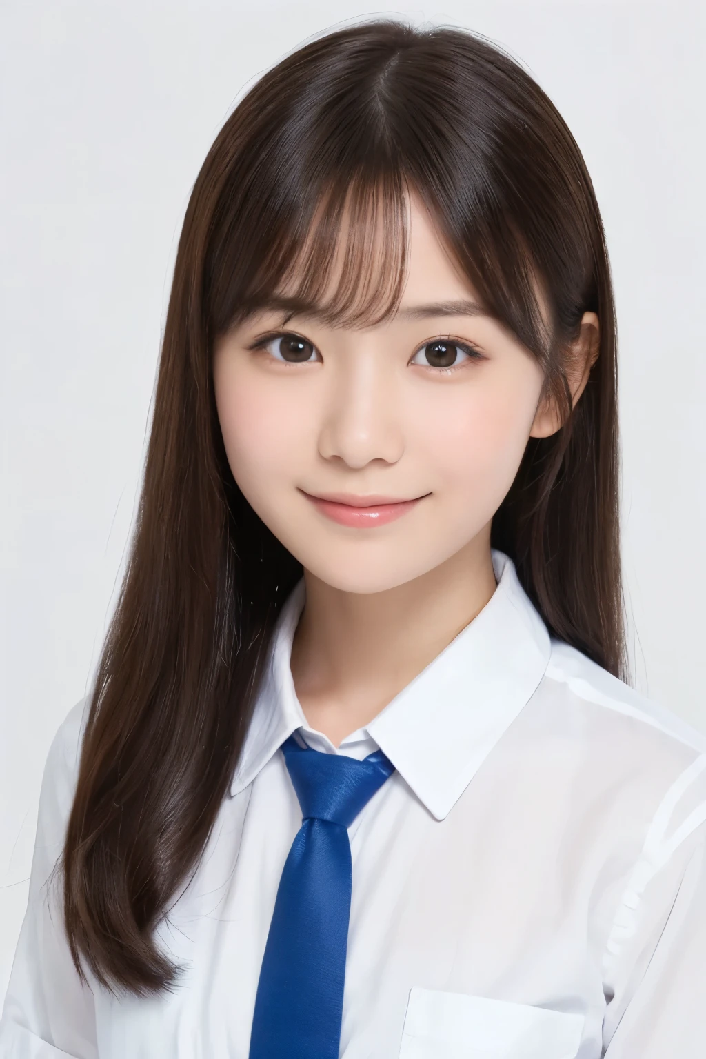 (A photo of your face:1.25), 13 years old, One Japanese woman, beautiful girl, Pretty face, (View your viewers), (Standing facing the camera), (smile)、(Pure white background:1.2)、White shirt、tie