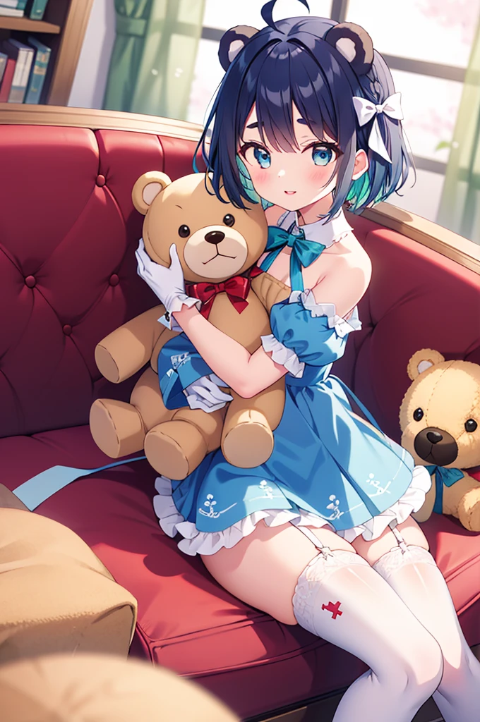  girl, charmy-angle, looking at viewer, blue bow, frills, striped bow, frilled dress, white thighhighs, white dress, long hair, dress bow, 1girl, cross-laced clothes, blue eyes, gentle smile, window, puffy short sleeves, detached sleeves, white gloves, short sleeves, :), couch, bow legwear, sea foam green hair, bow print, holding, book, blue dress, ahoge, plaid dress, book stack, dutch angle, on couch, indoors, stuffed animal, white legwear, off shoulder, white bow, hair bow, long hair, diagonal-striped bow, parted lips, medium hair, blush, neck ribbon, short hair, blue ribbon, curtains, green bow, white collar, object hug, bear print, hair ribbon, bare shoulders, eyebrows visible through hair, frilled legwear, detached collar, blue dress, garter straps, teddy bear, stuffed toy, frilled thighhighs, blurry, sitting, frilled bow, print skirt, bear shaped bag, puffy sleeves 