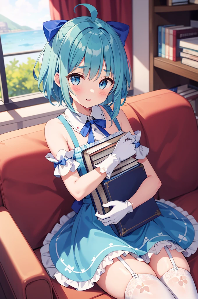 12 year old girl, charmy-angle, looking at viewer, blue bow, frills, striped bow, frilled dress, white thighhighs, white dress, long hair, dress bow, 1girl, cross-laced clothes, blue eyes, gentle smile, window, puffy short sleeves, detached sleeves, white gloves, short sleeves, :), couch, bow legwear, sea foam green hair, bow print, holding, book, blue dress, ahoge, plaid dress, book stack, dutch angle, on couch, indoors, stuffed animal, white legwear, off shoulder, white bow, hair bow, long hair, diagonal-striped bow, parted lips, medium hair, blush, neck ribbon, short hair, blue ribbon, curtains, green bow, white collar, object hug, bear print, hair ribbon, bare shoulders, eyebrows visible through hair, frilled legwear, detached collar, blue dress, garter straps, teddy bear, stuffed toy, frilled thighhighs, blurry, sitting, frilled bow, print skirt, bear shaped bag, puffy sleeves