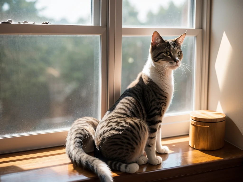 detailed cat on window sill, cat sitting on wooden window sill, looking out window, sunlight through window, warm atmosphere, soft lighting, peaceful, high quality, photorealistic, 8k, sharp focus, extremely detailed, intricate details, natural colors, natural lighting