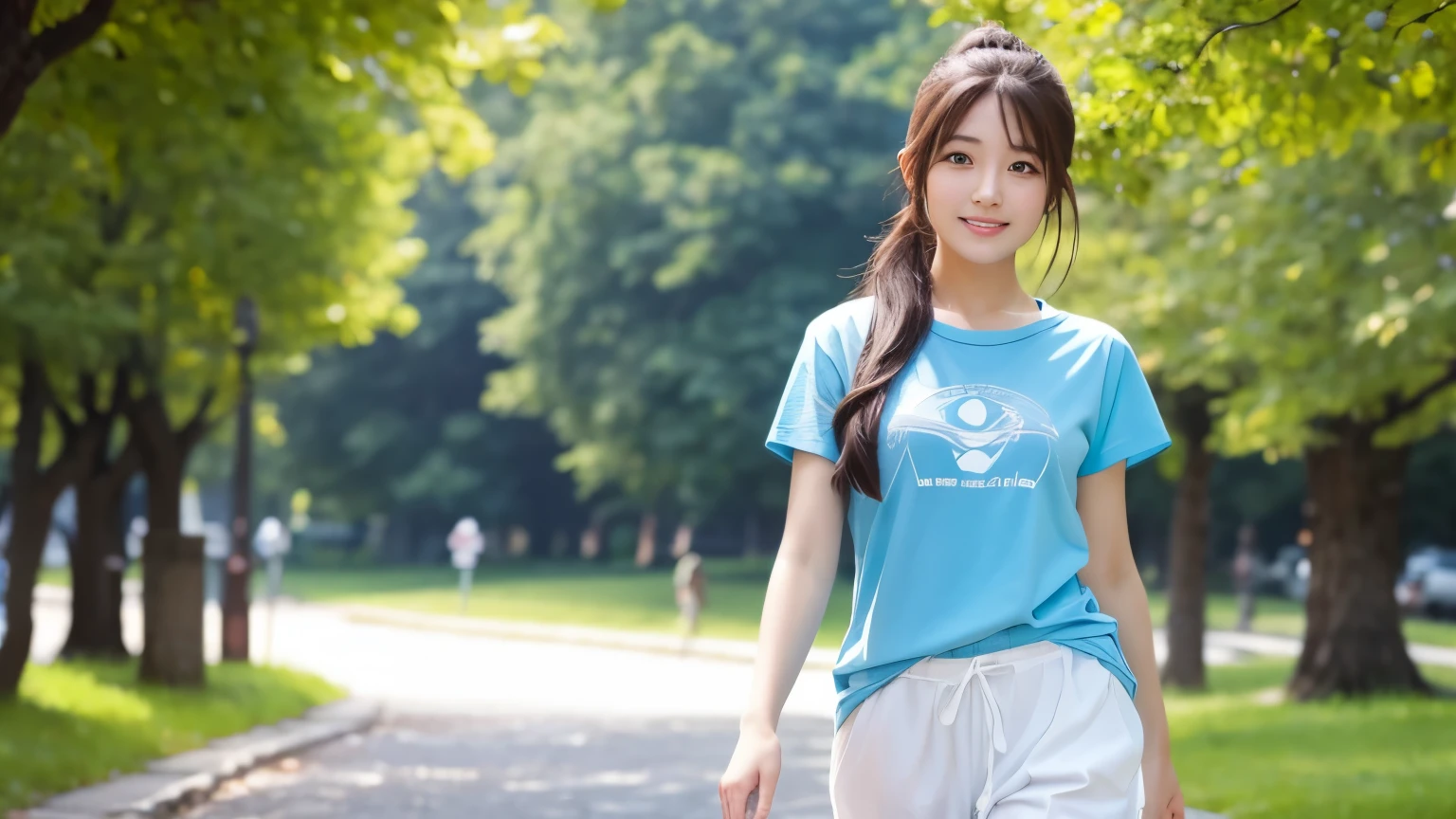 Produce the highest quality and highest resolution 8K images。Please draw the whole body of a 20 year old Japanese woman.。Please draw an image of a happy walk through the park.。She has brown eyes and a model figure.、She has an idol-level cute face.。The hair is in a ponytail。What to wear、Short sleeve T-shirt and pants。Skin has a healthy color