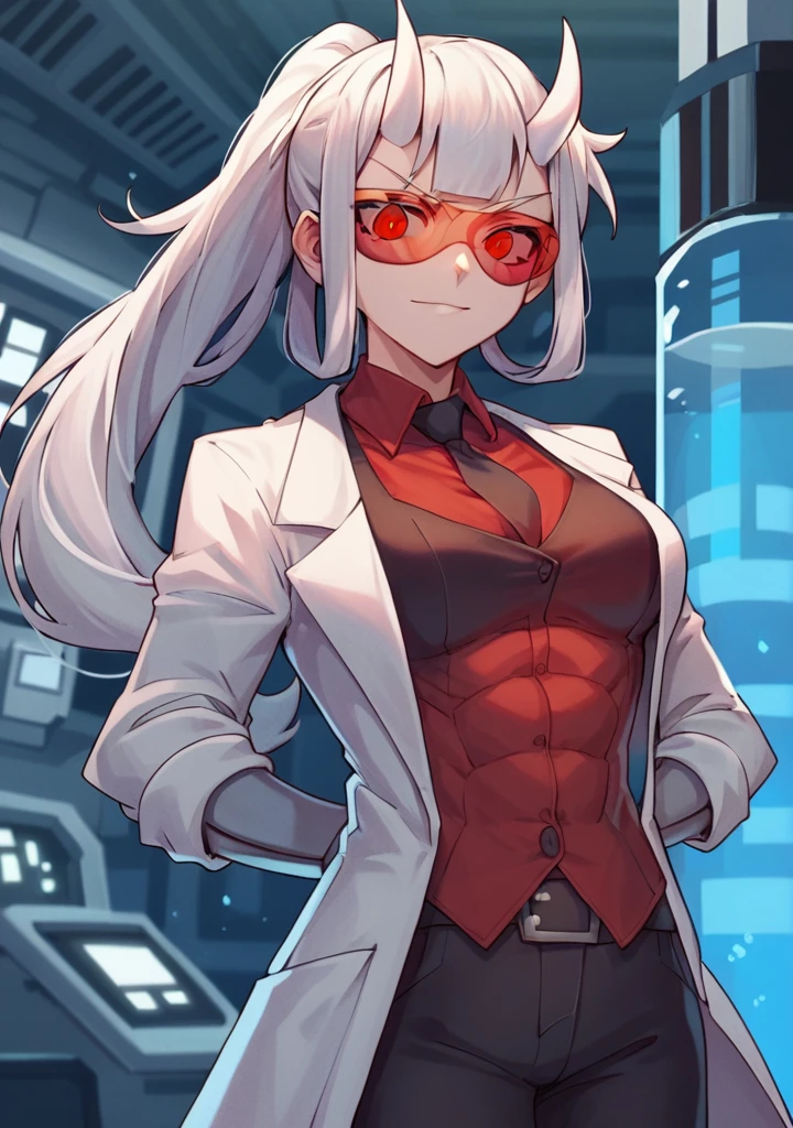 score_8_up, score_7_up, anime screenshot, looking at viewer, clouds
1girl, loremaster (helltaker), horns, long hair, ponytail, white hair, red-tinted eyewear, lab coat, red shirt, formal, black pants, 
standing, looking at viewer, arms behind back, laboratory, Open clothes, medium chest, abs,