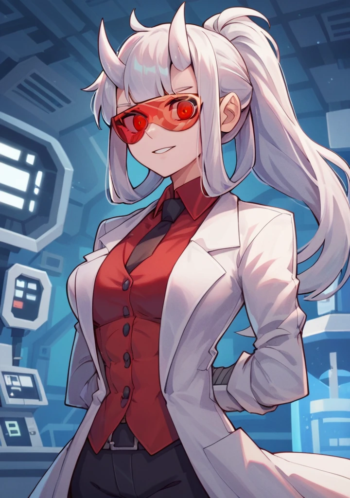 score_8_up, score_7_up, anime screenshot, looking at viewer, clouds
1girl, loremaster (helltaker), horns, long hair, ponytail, white hair, red-tinted eyewear, lab coat, red shirt, formal, black pants, 
standing, looking at viewer, arms behind back, laboratory, Open clothes, medium chest, abs,