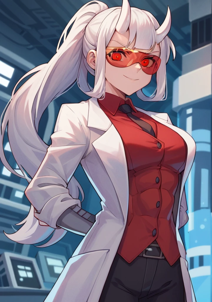 score_8_up, score_7_up, anime screenshot, looking at viewer, clouds
1girl, loremaster (helltaker), horns, long hair, ponytail, white hair, red-tinted eyewear, lab coat, red shirt, formal, black pants, 
standing, looking at viewer, arms behind back, laboratory, Open clothes, medium chest, abs,