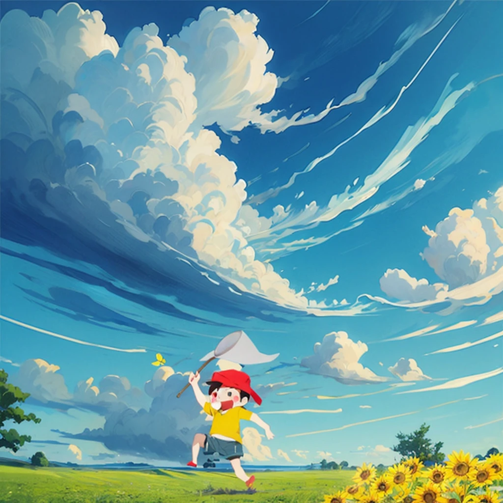 Summer blue sky、 Cumulonimbus、Green Field、Boy with a butterfly net