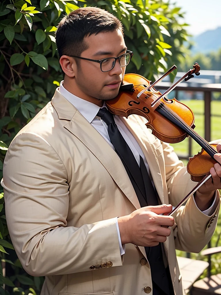 crew cut, (((full body))), (((landscape))), mature man, [slightly fat], asian man, rounded face, brown eyes, ((rounded face)), glasses, balding, 1boy, Solo, (big shoulders), musculature, (((stubbles, Short beard))),  white shirt, suit and tie,  playing violin, performance, playing violin,
