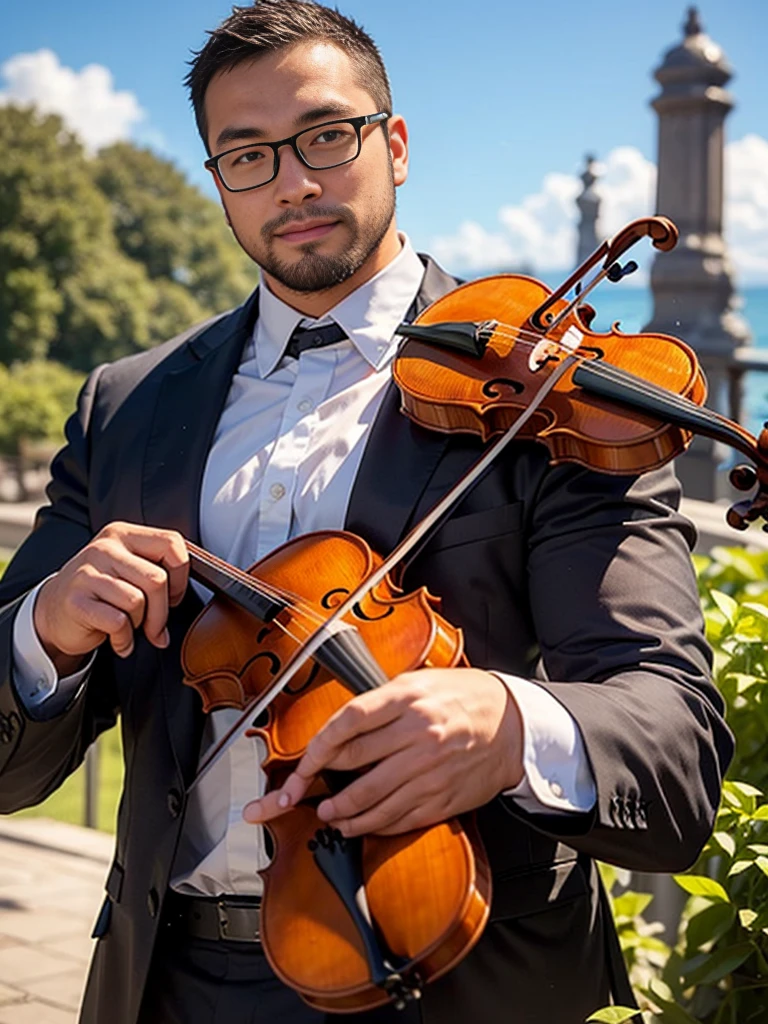 crew cut, (((full body))), (((landscape))), mature man, [slightly fat], asian man, rounded face, brown eyes, ((rounded face)), glasses, balding, 1boy, Solo, (big shoulders), musculature, (((stubbles, Short beard))),  white shirt, suit and tie,  playing violin, performance, playing violin,