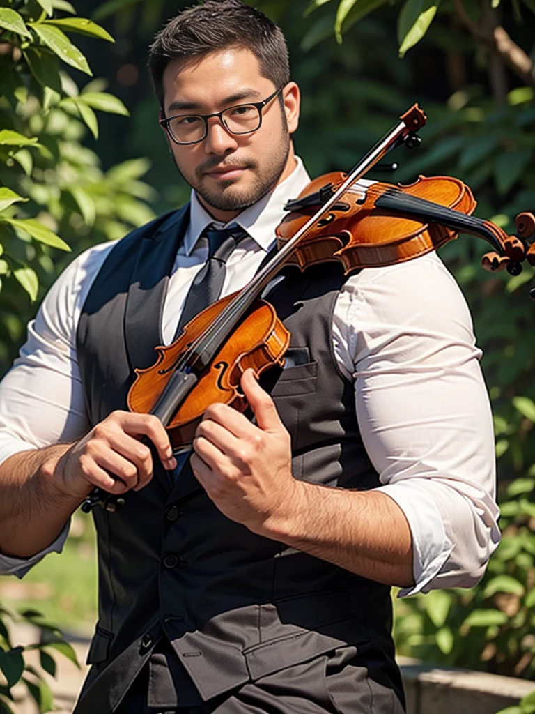 crew cut, (((full body))), (((landscape))), mature man, [slightly fat], asian man, rounded face, brown eyes, ((rounded face)), glasses, balding, 1boy, Solo, (big shoulders), musculature, (((stubbles, Short beard))),  white shirt, suit and tie,  playing violin, performance, playing violin,