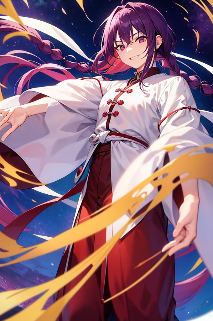 Purple Hair、Red eyes、White background、Anime characters、Knot、Braid、A man wearing black kung fu clothing、Smiling young man、Man standing facing forward、juvenile、（White background）、{{masterpiece}}, The best quality of life