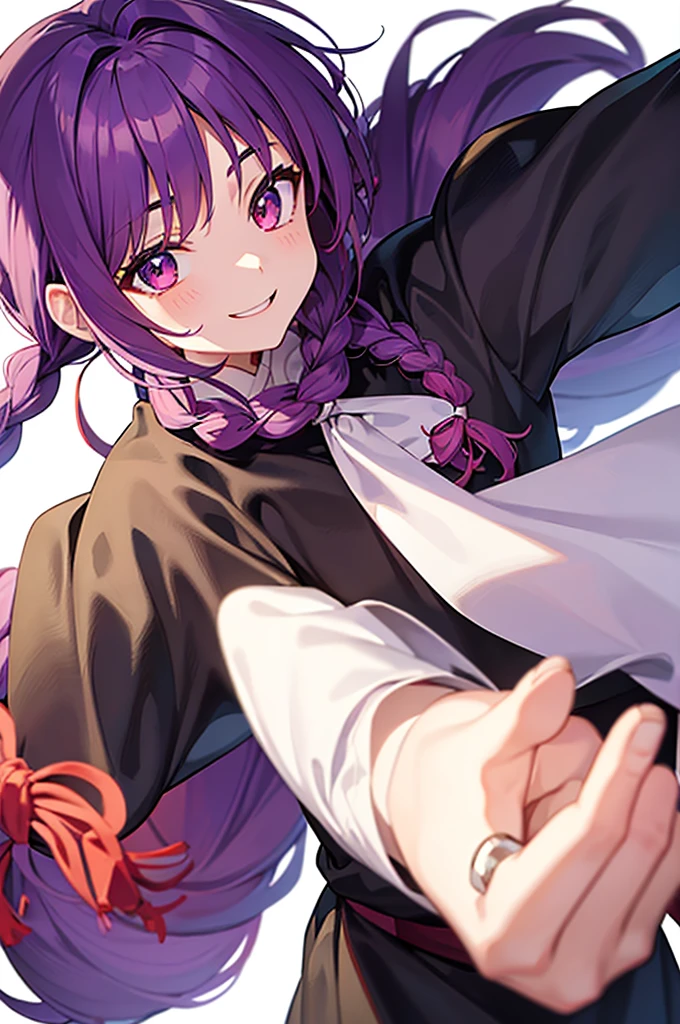 Purple Hair、Red eyes、White background、Anime characters、Knot、Braid、A man wearing black kung fu clothing、Smiling young man、Man standing facing forward、juvenile、（White background）、{{masterpiece}}, The best quality of life