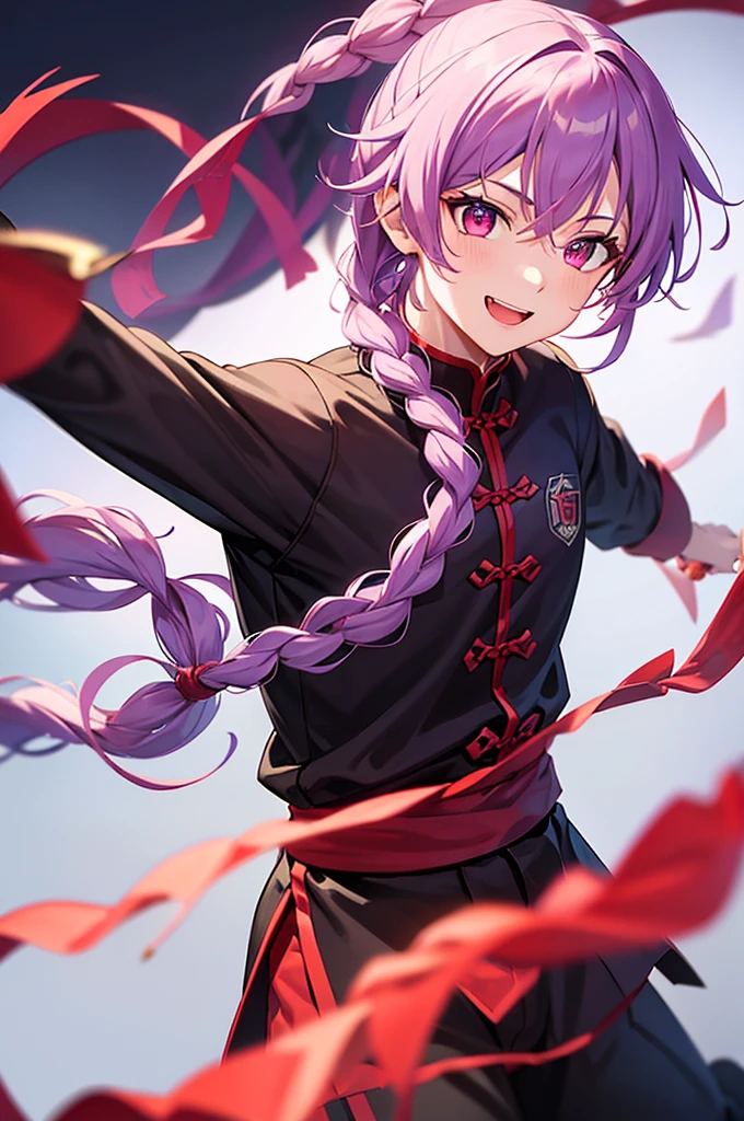 Purple Hair、Red eyes、White background、Anime characters、Knot、Braid、A man wearing black kung fu clothing、Smiling young man、Man standing facing forward、juvenile、(White background)、{{masterpiece}}, The best quality of life