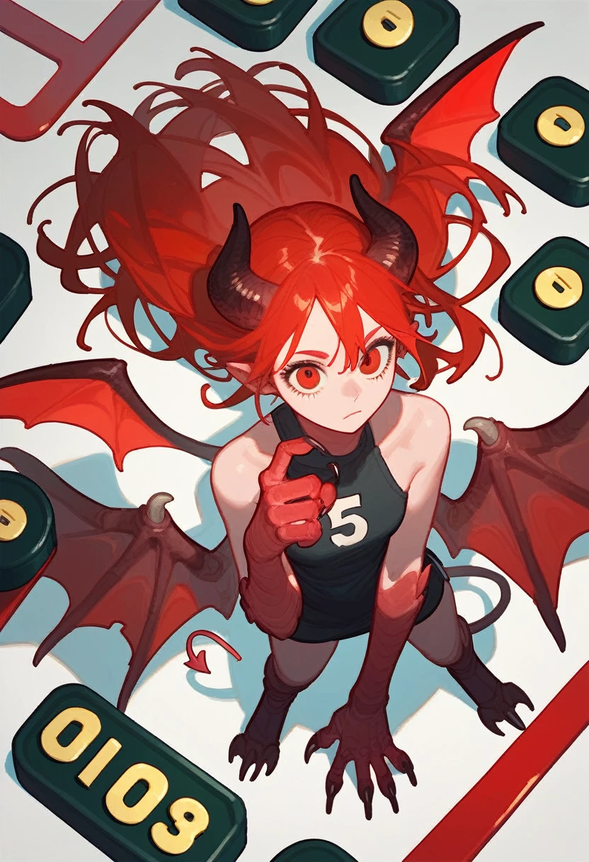 (punctuation_9,punctuation_8_High above,punctuation_7_High above),1 girl,Demon of ,Red hair,Eyes red,wings,claws, new,comely_face,