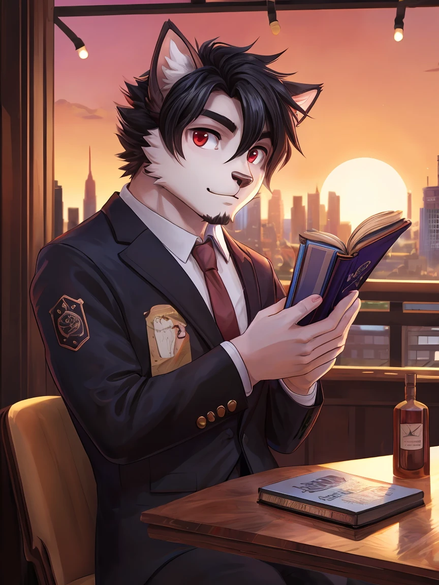 White cat youth,Black hair,Red eyes,White hairy hands,Black suit,Dark and thick eyebrows,Red tie,Cafe,City sunset,Holding a magic book in hand