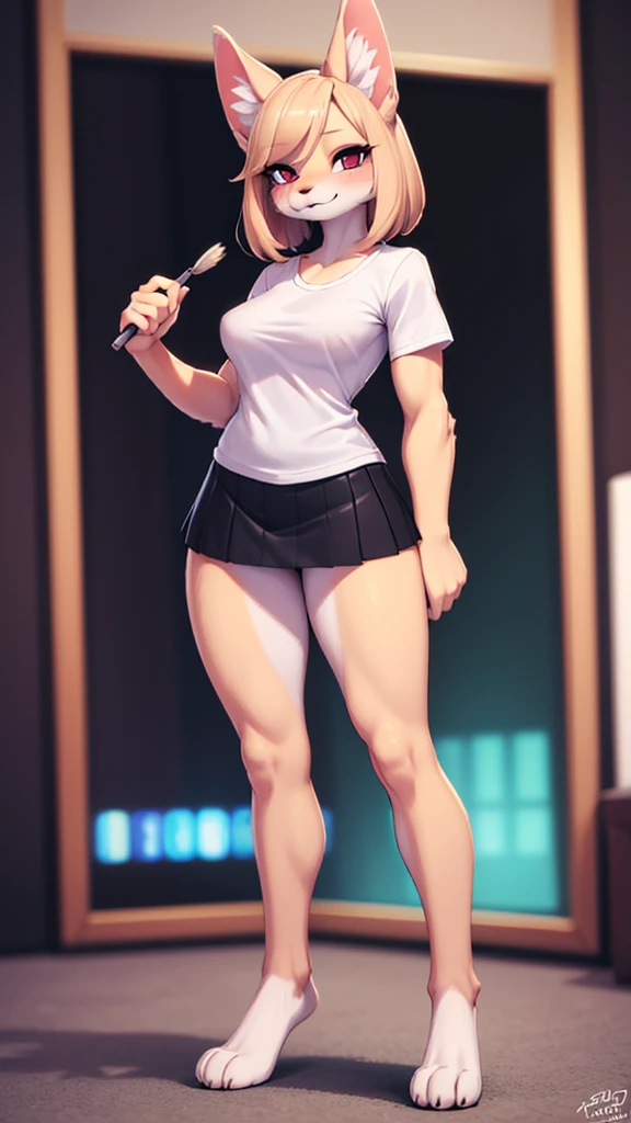 score_9, score_8_up, score_7_up, score_6_up, score_5_up, score_4_up, Suki Lane, dog, anthro, furry, full body, standing, white mini skirt, white t-shirt, solo female, adorasexy, masterpiece, looking at you, high quality, medium breasts, blushing, shy, long and beautiful legs, beautiful, long legs, sexy legs, perfect legs, beautiful legs, masterpiece, elegant, presenting legs Negative prompt: (e621_p_low), poorly drawn, bad anatomy, Bad proportions, watercolor painting, brush strokes, 3d, colorless, Glitch, blurry, Signature, watermark, bad face, distorted face, messed up eyes, deformed, muscular
