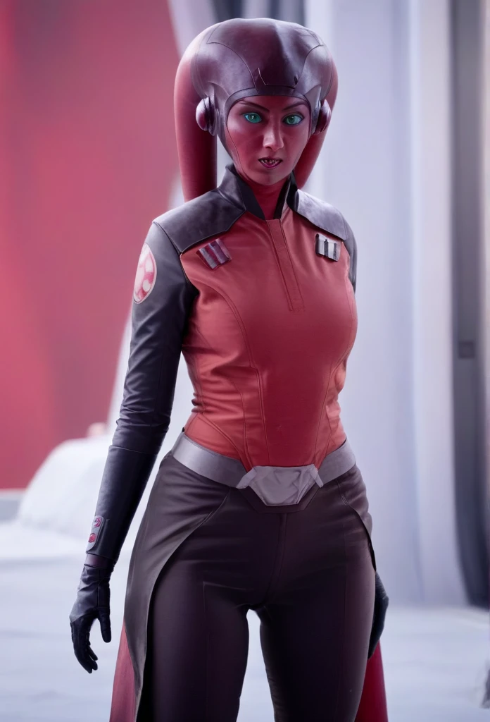 score_9, score_8_up, score_7_up, score_6_up, 2d, rating_questionable, rating_safe, BREAK ((green skin)) Female Twi'lek (((hera syndulla ))), helmet with red visor, star wars, armor,black gloves,tight bodysuit,black cape,black pants, close up, solo, standing, front view, medium breasts, wide hips, holding lightsaber, double edged, action pose, red blade, indoors, sith base, science fiction,