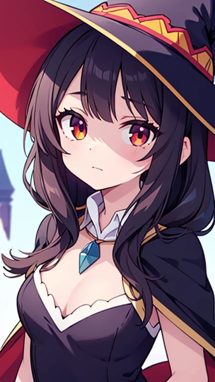 Close-up of a person in a hat and dress, Anime drawing by Honoohito, Pixiv, What it is?, witch academia, Black-haired wizard, flirty anime witch casting magic, witch girl, witch, witchy, Anime Moe Art Style, classical witch, marisa kirisame, Megumin, Anime girl in a black dress Please be a grown-up、 Please show me your gloomy face.