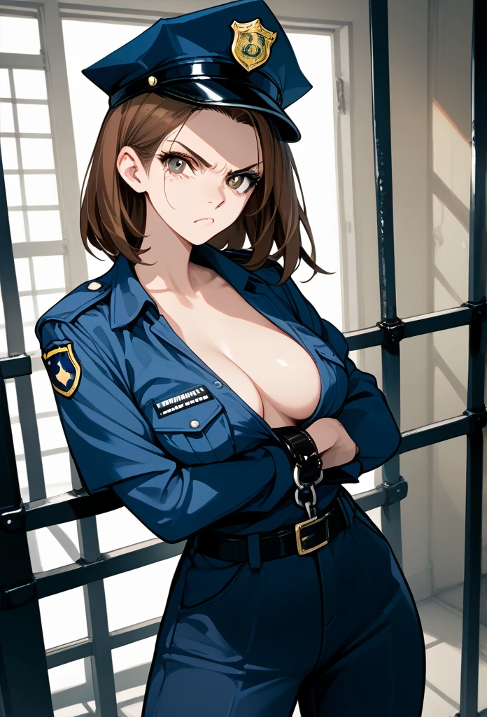 masterpiece, best quality, mature woman, mature face, bob hairstyle, brunette hair, mature face, hot face, sharp eyes, medium breasts, curvy body, hazel eyes, police outfit, looking at viewer, tough appearance, prison cell, jail cell, (looking serious), pissed off face, glaring eyes, angry expression, (chained up, restrained) 