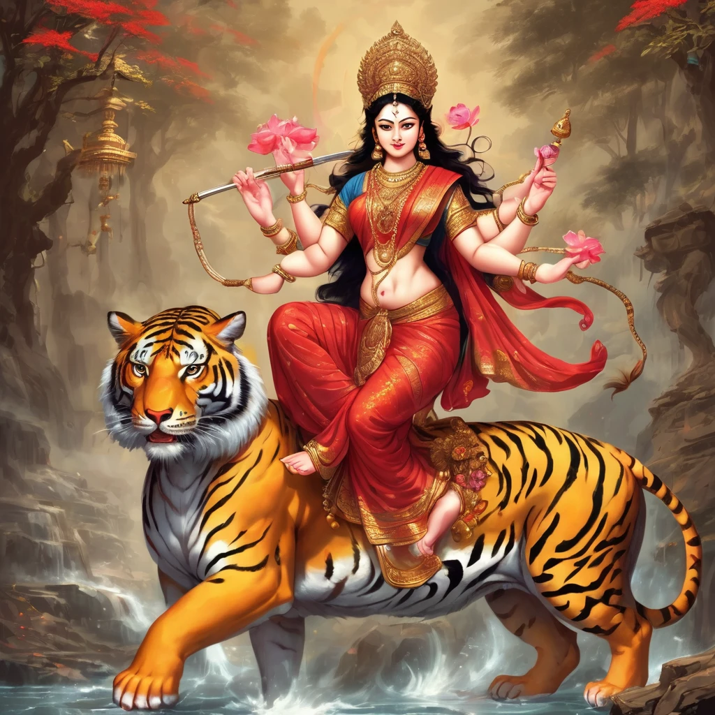 Durga。Beautiful goddess riding a tiger。Goddess of War。Four arms on each side。Bow in hand at 4 steps、sword、Prayer beads、Lotus flower、Trident、Bulbophyll、disk、holding a potion。Golden ornaments。Wearing a red saree。
