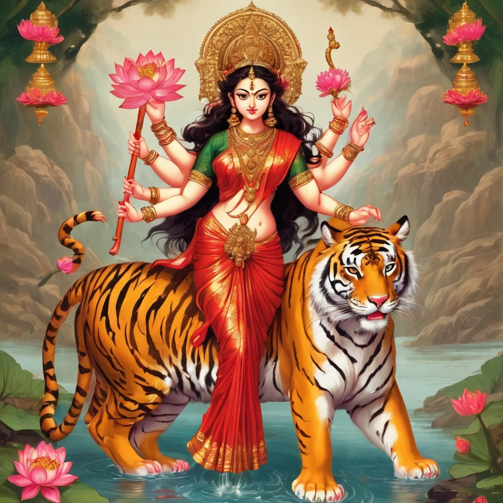 Durga。Beautiful goddess riding a tiger。Goddess of War。Four arms on each side。Bow in hand at 4 steps、sword、Prayer beads、Lotus flower、Trident、Bulbophyll、disk、holding a potion。Golden ornaments。Wearing a red saree。