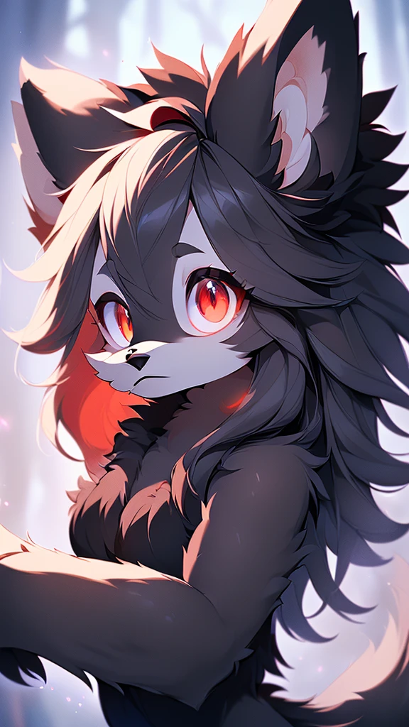 (furry art:1.4), (masterpiece, best quality:1.2), (Illustration:1.0), (black top:1.4), (natta_Environment), (red eyes:1.6), (Ultra-detail:1.2), (1Girl, alone), (Wolf_Girl, hairy anthropomorph:1.6), (anthropoform_feminine_Dog:1.2), (black fur, black skin:1.5), (medium ), (black hair:1.4), ((black cy_Girl:1.2), length hair, (portrait:1.2), Hotpants
