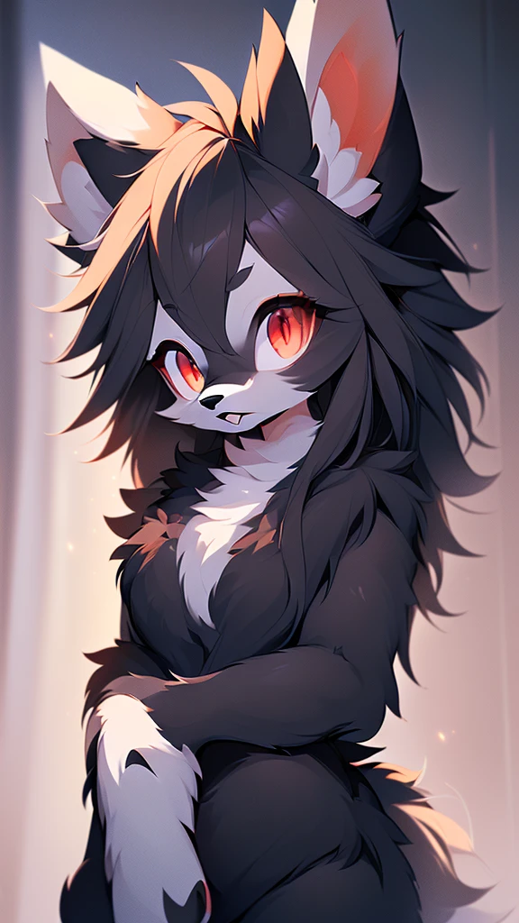 (furry art:1.4), (masterpiece, best quality:1.2), (Illustration:1.0), (black top:1.4), (natta_Environment), (red eyes:1.6), (Ultra-detail:1.2), (1Girl, alone), (Wolf_Girl, hairy anthropomorph:1.6), (anthropoform_feminine_Dog:1.2), (black fur, black skin:1.5), (medium breasts), (black hair:1.4), ((black cock)), (Shy_Girl:1.2), length hair, (portrait:1.2), Hotpants