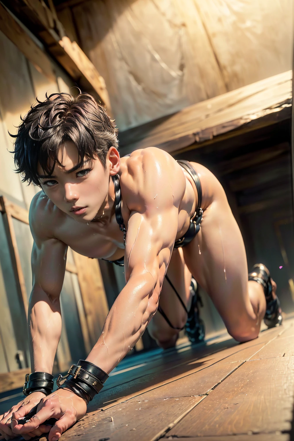 (Best Bishonen、可愛い童顔の18-year-oldの男子、A beautiful boy with large eyes and a high nose:1.4)、(((He is chained and has iron handcuffs and ankle shackles on him.、The body is tied with rope))), ((His desire for kinky play is fulfilled))、 ((Cute boy showing his ass, 18-year-old, Short colored hair, Intricate details, Highly detailed face)), ((Clear Photo、Ultra-realistic、Live-action version、Sharp focuasterpiece))、(Beautiful and supple body、She is wearing tiny black leather briefs that show off her curves.:1.3)、Slim and fit body,Beautiful, shiny, hairless skin、 ((Cute face、Round and beautiful ass)), (Muscles with a thin layer of soft fat, On all fours:1.2)、(((His face showed expressions of pain and pleasure., Pleasure、Bondage, bondage)))