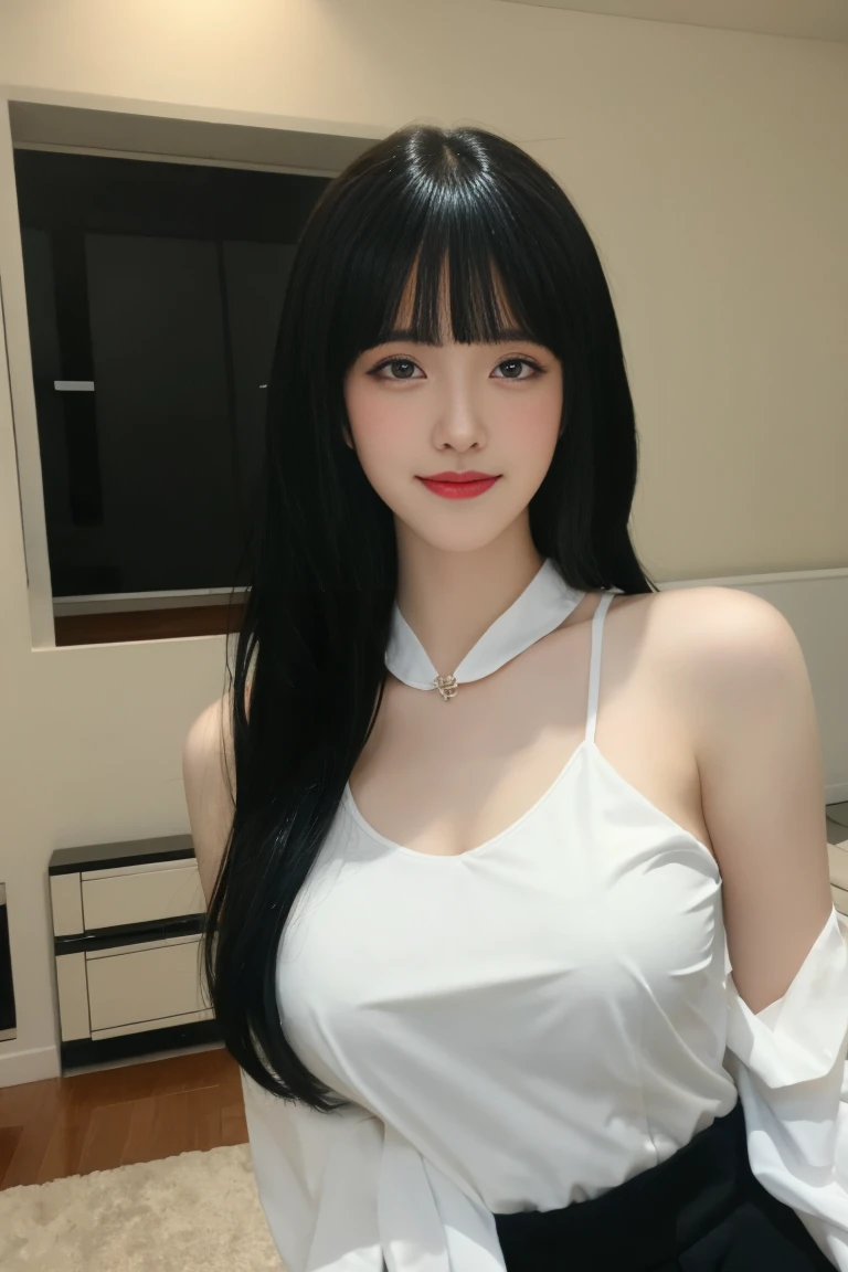 best quality, tmasterpiece,Ultra-high resolution,Clear face,（Reality：1.4），ferpect lighting，(full body), (photorealistic:1.50), anime wallpaper, Guviz style artwork, cover-up fantasy up to magic , by Yang J, Guviz, beautiful artwork illustration, beautiful digital artwork, beautiful digital illustration, Li Song, beautiful anime portrait, art style in Beauvot, 1girl, 独奏, bangs, One braid hair, black hair, Blush, red cheeks, blue eyes, Double eyelids, Long sleeve white t-shirt, white t-shirt, Bare shoulders, (super Giant breast:1.5), (shagging breasts:1.3), Short pencil skirt, Black skirt, sitting, room, Background inside the house, looking at viwer, smile, Slim body, Arms behind back,