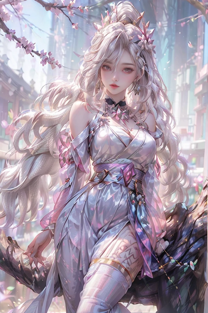 ((Hairstyled white hair:1.5))(Japan kimono with cherry blossom pattern:1.3), Symmetric, (highest quality, Photorealistic:1.4, Raw photo:1.2, Cinematic light, Highly detailed illustration), (1woman:1.3, alone), (Asian Girl, Very delicate face, Super beautiful face, Very delicate eyes, Ultra detailed nose, Very sophisticated mouth, Highly detailed facial features), woman, (Medium Bust:1.3), skin, Lip gloss, Laughter, Full Body View, High resolution, High resolution, 8k, Masterpiece 2:1, Skin Radiance, Glowing Skin, Young girl,( Kyoto、Falling cherry blossoms)、off shoulder, shoulder blades、kimono