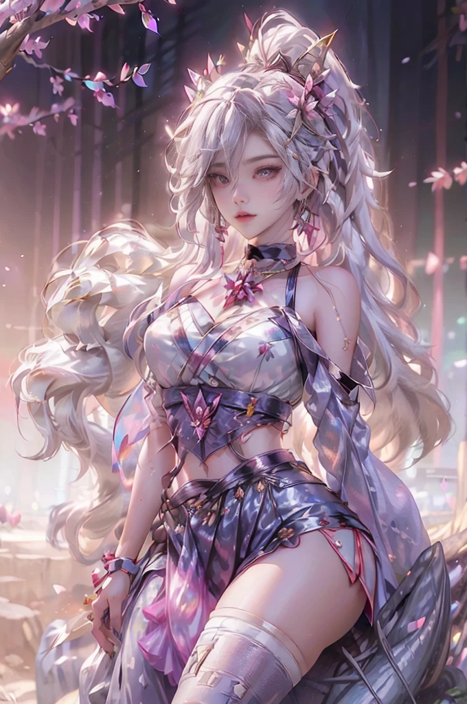 ((Hairstyled white hair:1.5))(Japan kimono with cherry blossom pattern:1.3), Symmetric, (highest quality, Photorealistic:1.4, Raw photo:1.2, Cinematic light, Highly detailed illustration), (1woman:1.3, alone), (Asian Girl, Very delicate face, Super beautiful face, Very delicate eyes, Ultra detailed nose, Very sophisticated mouth, Highly detailed facial features), woman, (Medium Bust:1.3), skin, Lip gloss, Laughter, Full Body View, High resolution, High resolution, 8k, Masterpiece 2:1, Skin Radiance, Glowing Skin, Young girl,( Kyoto、Falling cherry blossoms)、off shoulder, shoulder blades、kimono
